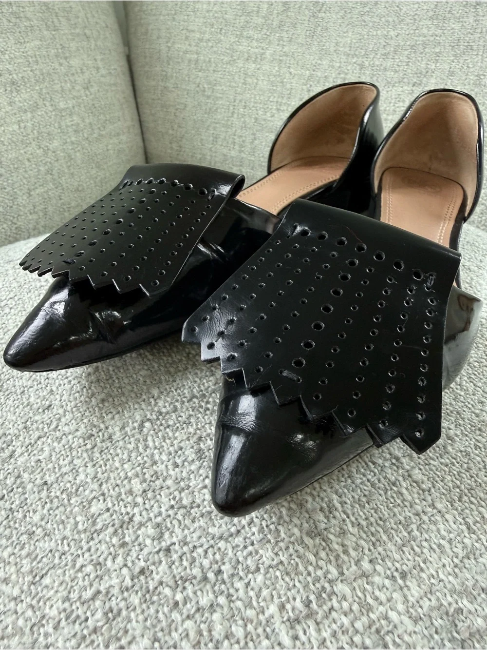 Tory Burch Black Patent Pointed D'Orsay Flats with Kiltie